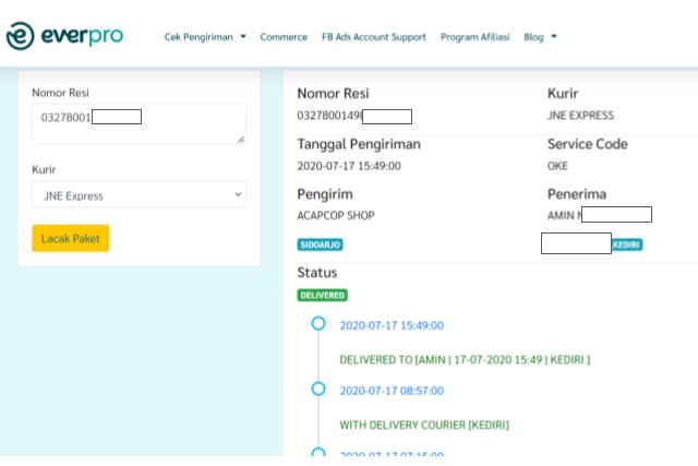 contoh hasil lacak paket