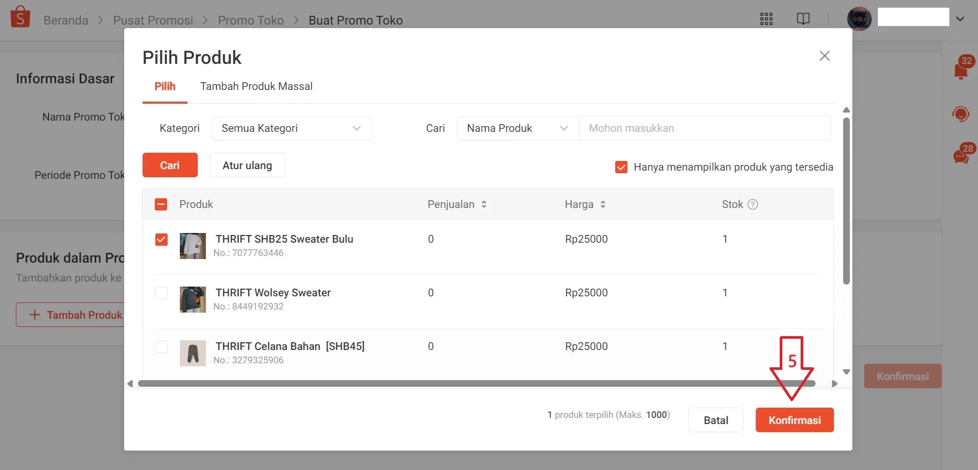 cara membuat harga coret di shopee