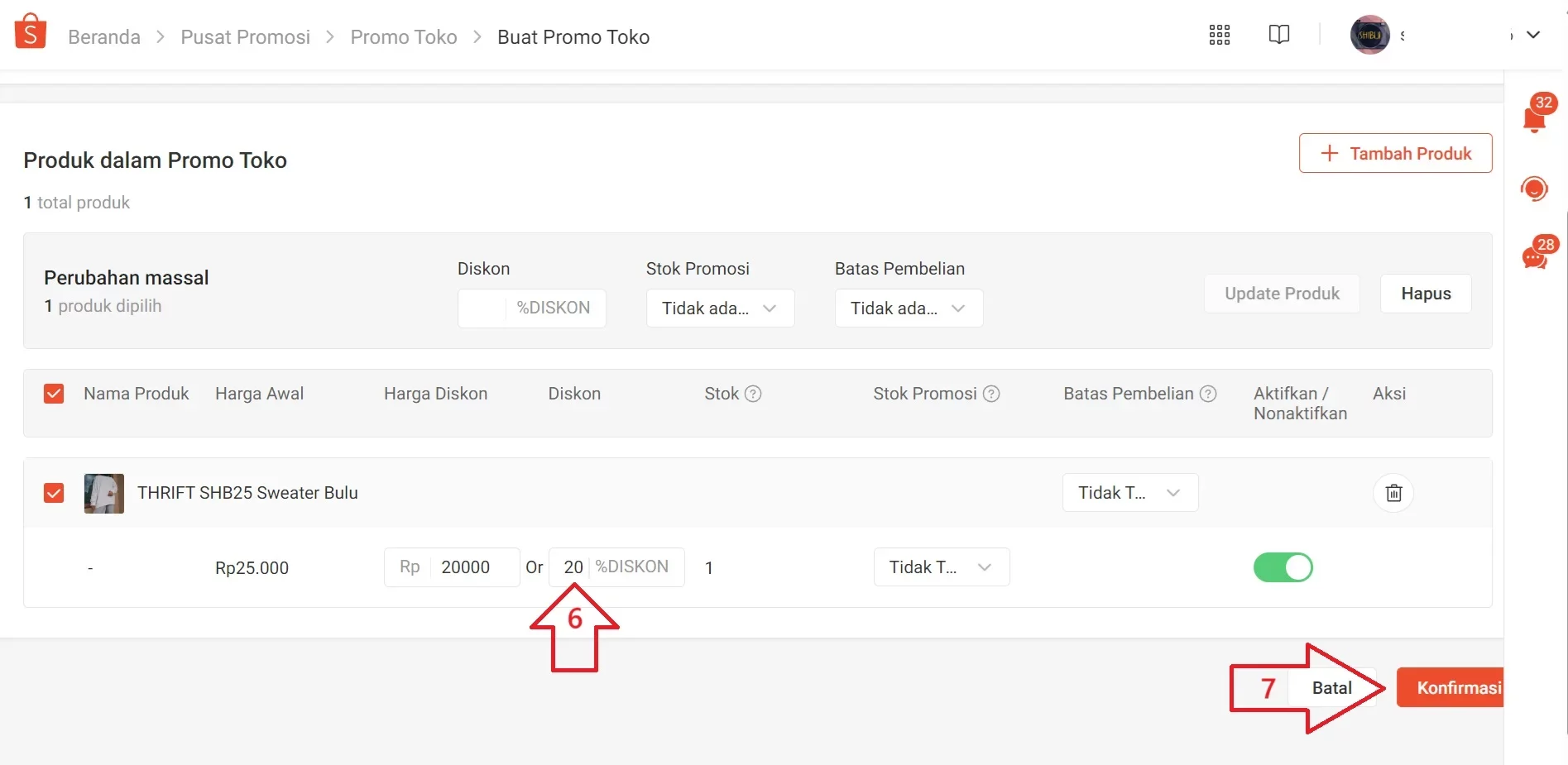 cara membuat harga coret di shopee
