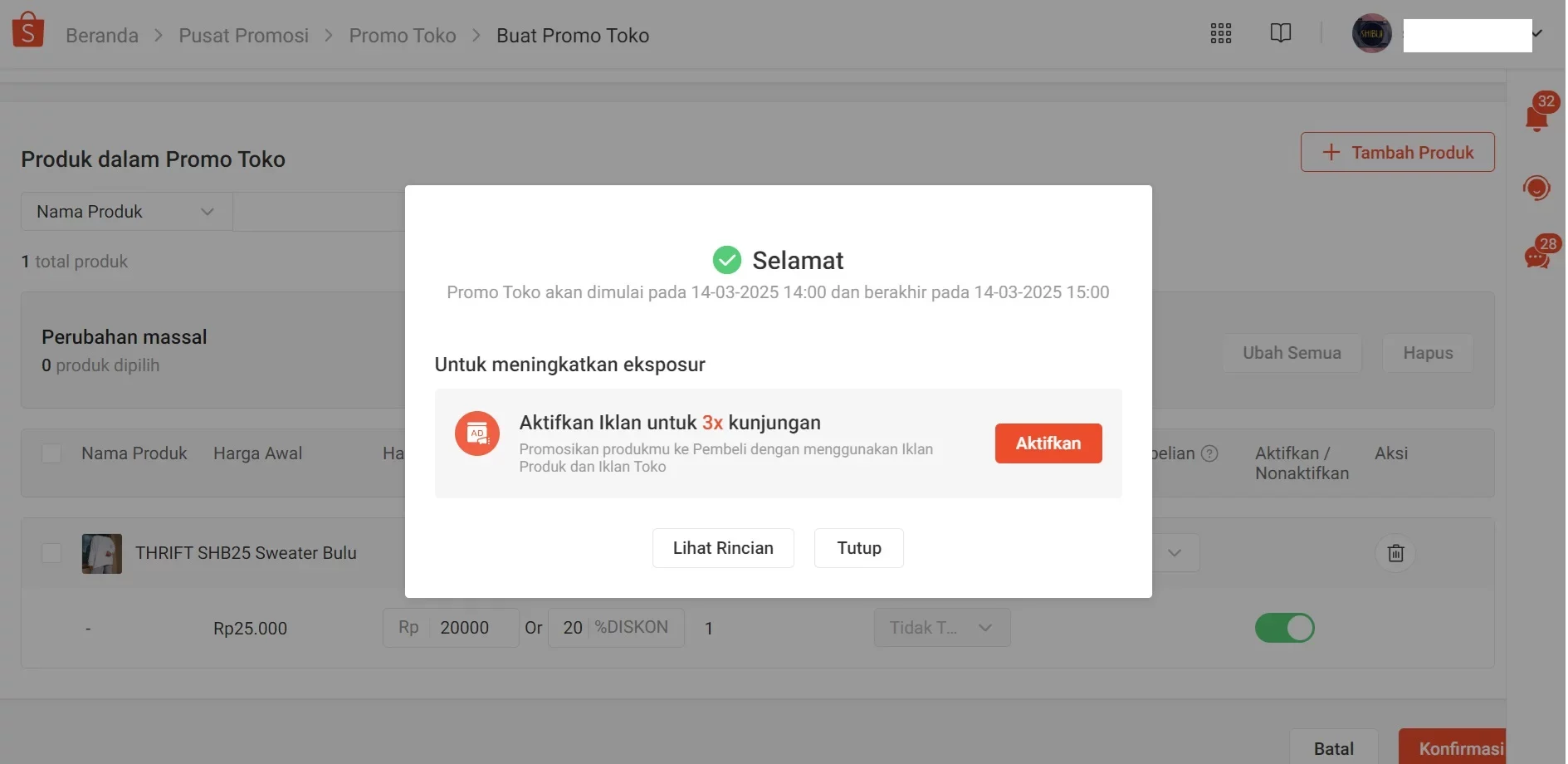 cara membuat harga coret di shopee