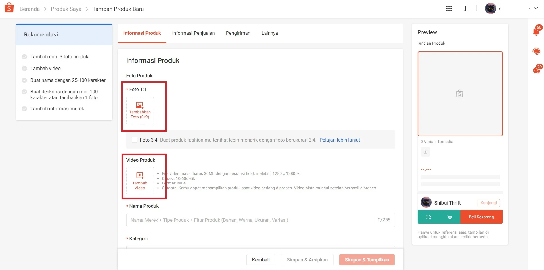 cara upload produk di shopee