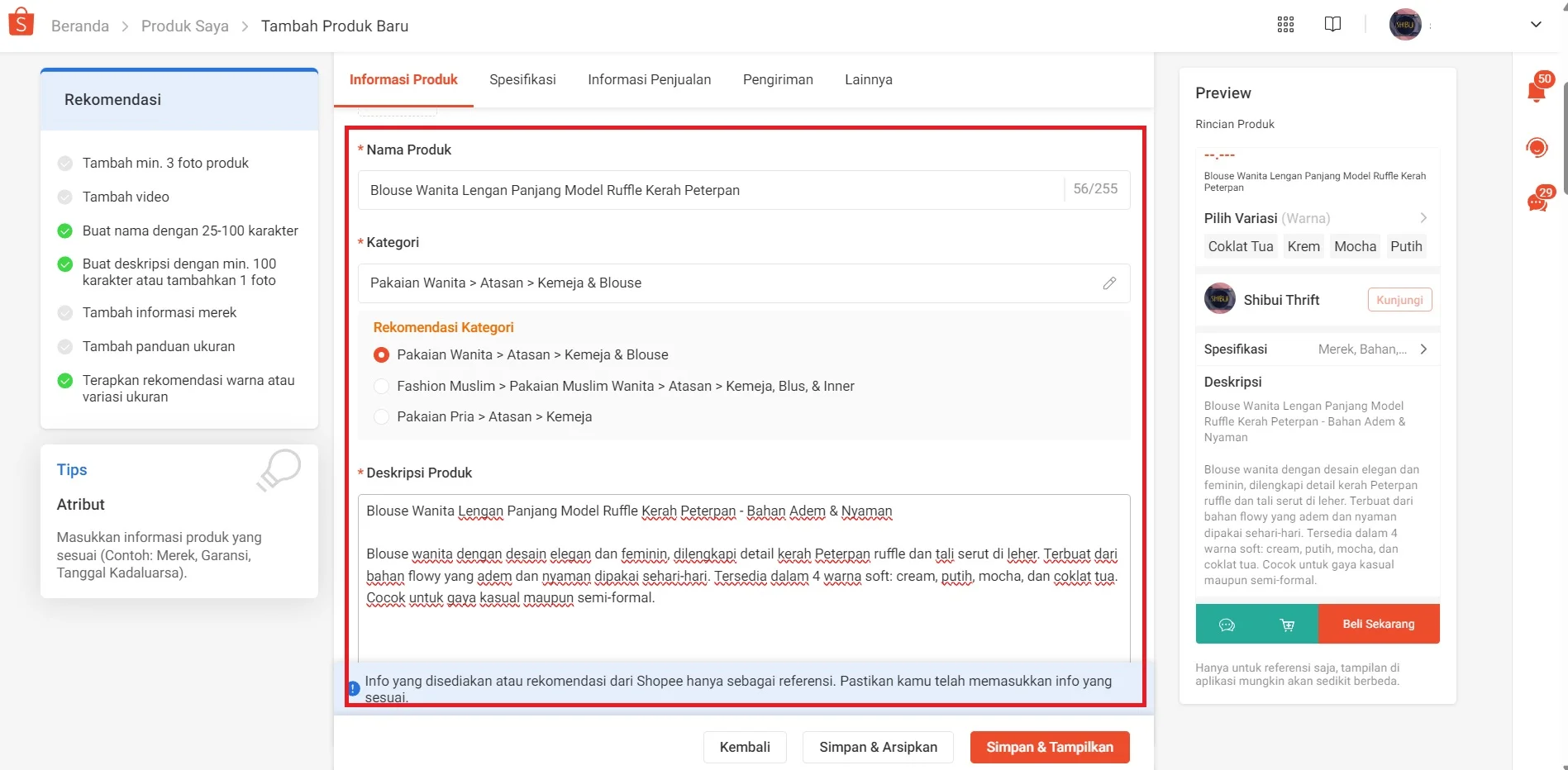 cara upload produk di shopee